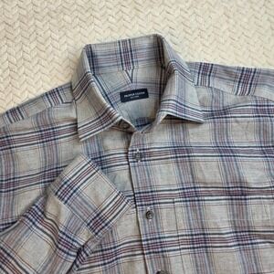 Proper Cloth Kent Light Grey Burgundy Slate Plaid Lightweight Flannel  16 34 L